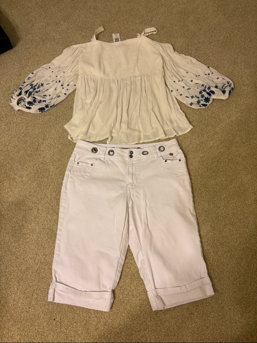 White Off-Shoulder Top with Blue Embroidered Sleeves + White Cuffed Capris